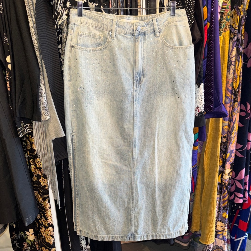 Rebecca Minkoff Light Blue Denim Midi Skirt with Rhinestone Accents